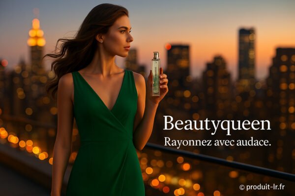 Femme élégante en robe verte tenant le parfum Beautyqueen de LR Health & Beauty sur un rooftop au coucher du soleil
