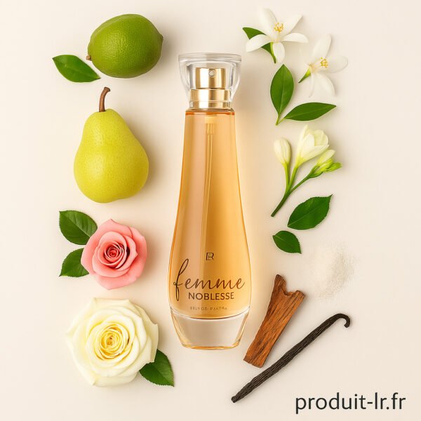 Flacon original du parfum Femme Noblesse de LR Health & Beauty entouré d’ingrédients naturels comme la poire, bergamote, fleurs et bois