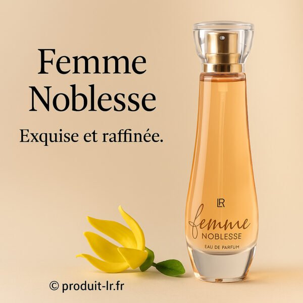 Flacon du parfum Femme Noblesse de LR Health & Beauty posé sur fond doux et chaleureux avec fleur d’ylang-ylang