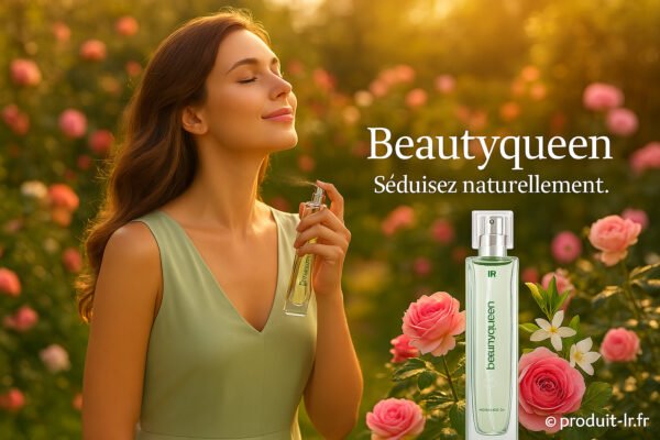 Femme parfumant son cou dans un jardin fleuri avec le flacon Beautyqueen de LR Health & Beauty