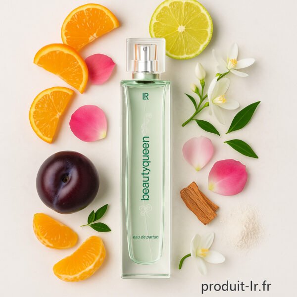 Flacon du parfum Beautyqueen de LR Health & Beauty entouré de fruits et fleurs