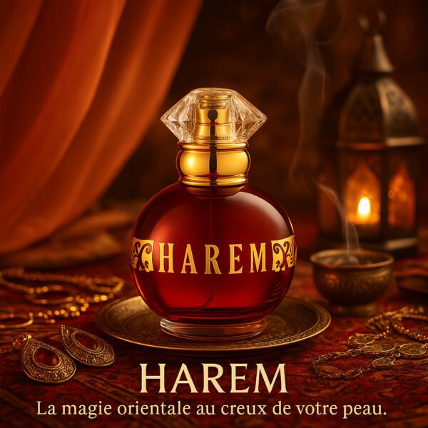 Flacon du parfum Harem LR entouré de bijoux dorés, lumière chaude et lanternes orientales en arrière-plan