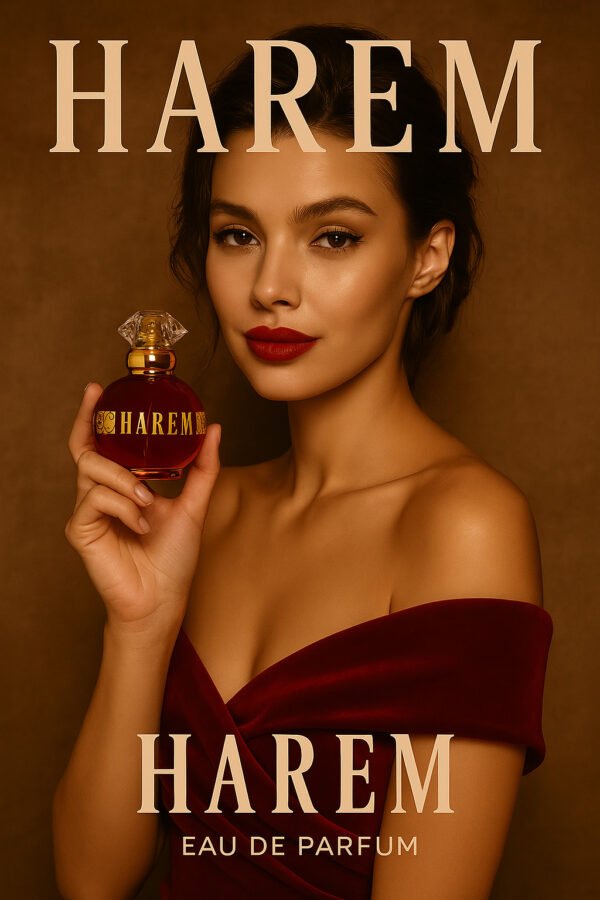 Femme élégante tenant le parfum Harem LR devant un fond brun, regard confiant et tenue glamour.