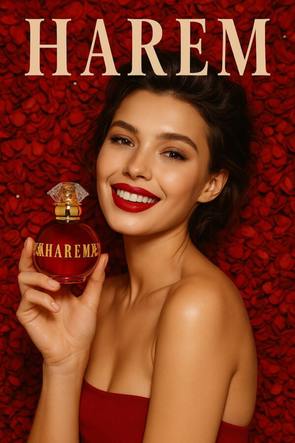 Femme souriante tenant le parfum Harem LR devant un mur de pétales rouges, tenue rouge élégante.