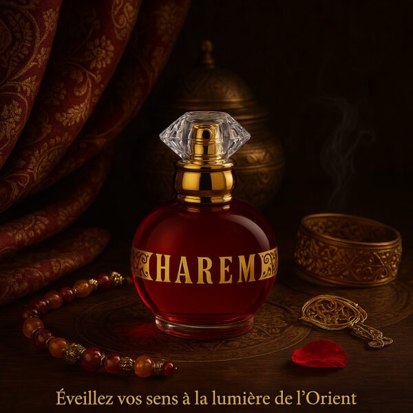 Parfum Harem LR – flacon rouge sur fond oriental avec décor doré, ambiance mystérieuse