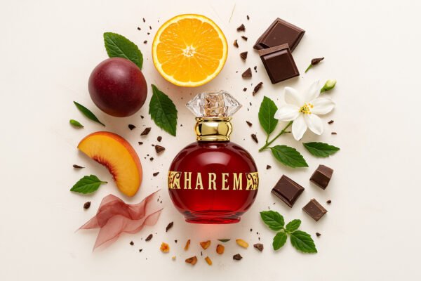 Parfum Harem LR – flacon rouge avec ingrédients : chocolat, orange, pêche, fleur de jasmin