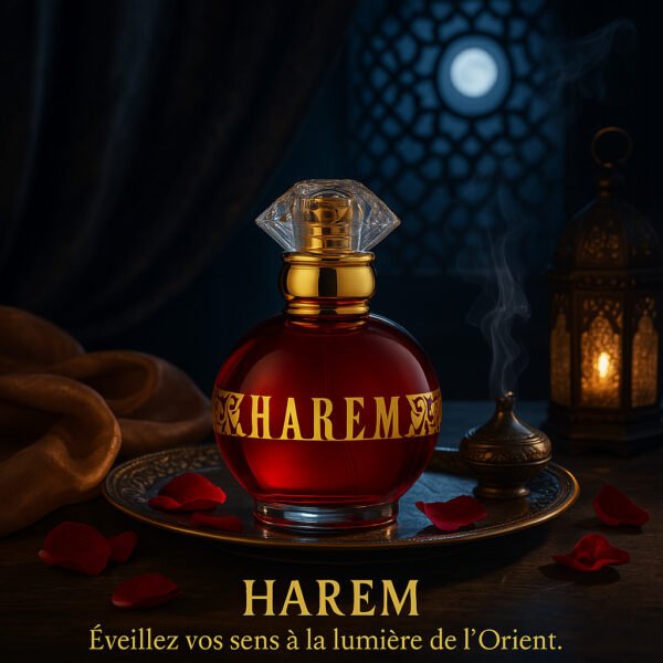 Parfum Harem LR – flacon rouge sur plateau doré, lanternes orientales en arrière-plan, ambiance de nuit