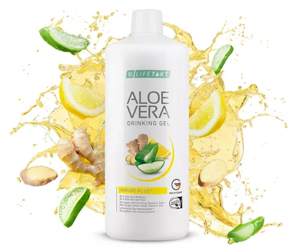 Bouteille Aloe Vera Gel à Boire Immune Plus LR LIFETAKT avec éclaboussures jaunes – Renforcement naturel de l'immunité