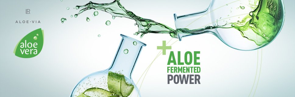 Banner LR Aloe Vera Fermentado con frascos de cuidado
