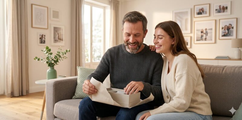 Día del Padre - Padre e hija desempaquetando un regalo belleza hombres, momento alegre y cómplice en sofá salón moderno
