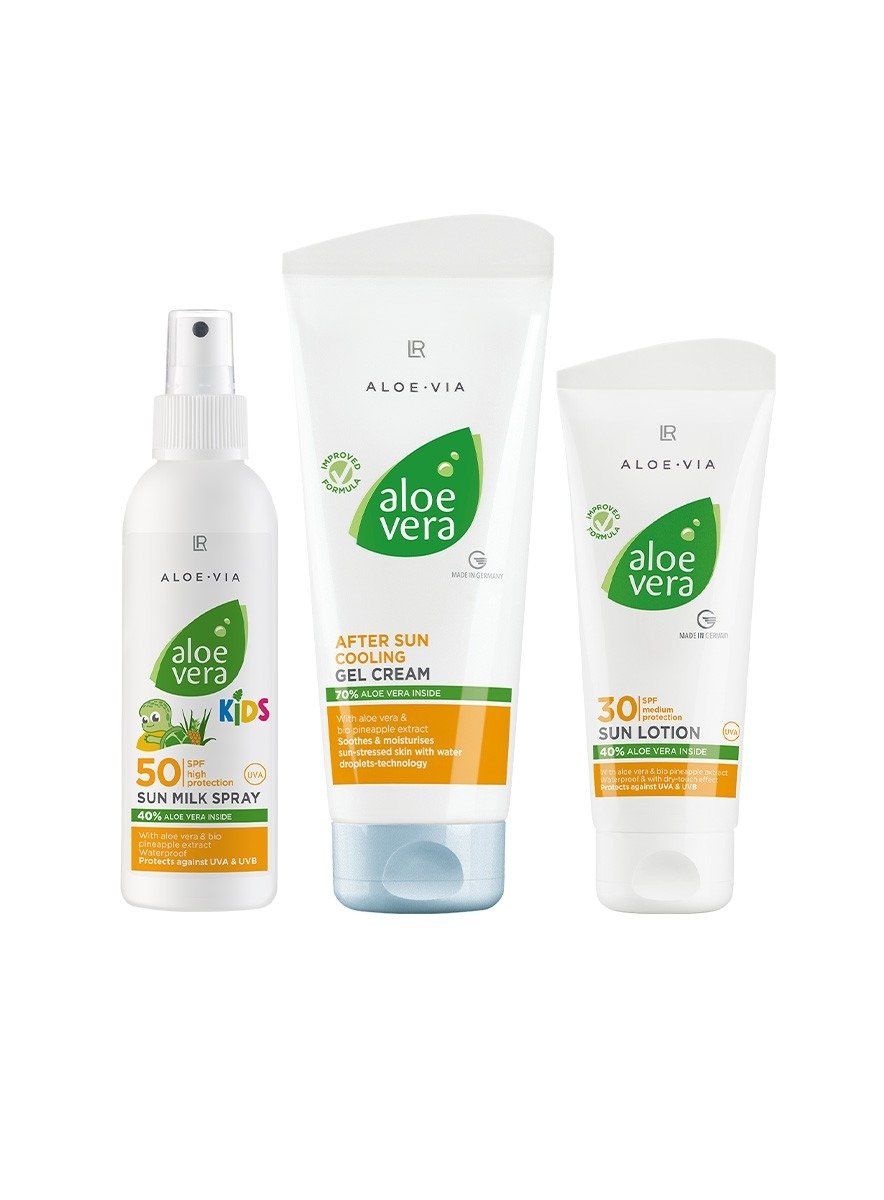 Set Family Sun Aloe Vera familia protección solar completa spray IP50 niños loción IP30 gel after-sun 70 porciento